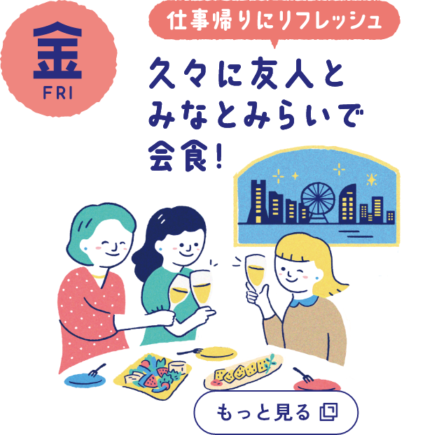 金曜日の詳細を開く　仕事帰りにリフレッシュ　久々に友人とみなとみらいで会食!