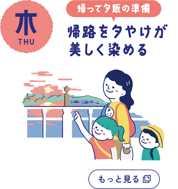 木曜日の詳細を開く　帰って夕飯の準備　帰路を夕やけが美しく染める