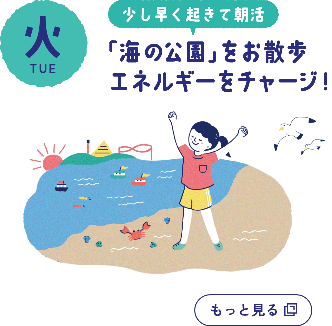 火曜日の詳細を開く　少し早く起きて朝活　「海の公園」をお散歩エネルギーをチャージ!