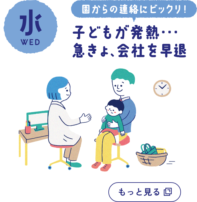 水曜日の詳細を開く　園からの連絡にビックリ!　子どもが発熱・・・急きょ、会社を早退