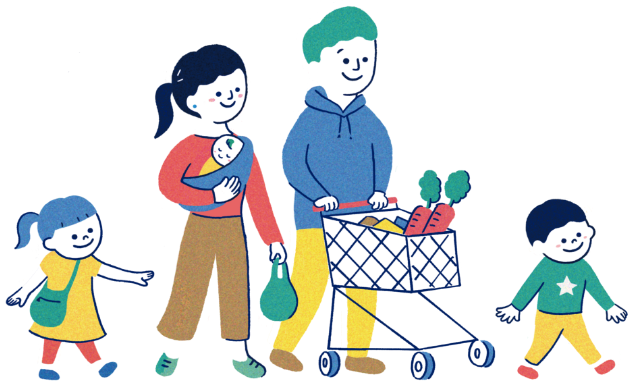 家族連れがショッピングをしているイラスト
